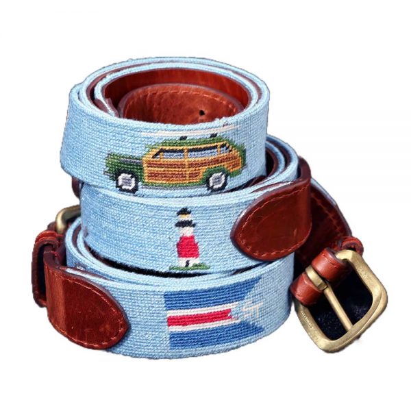 Embroidered belt showing Sankaty light and a wood paneled station wagon.