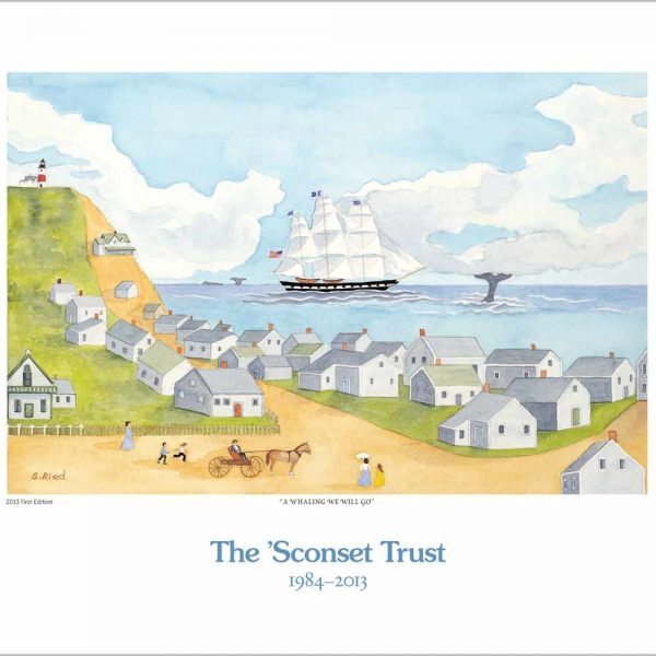 Poster depicting 'Sconset Village with a ship in the background