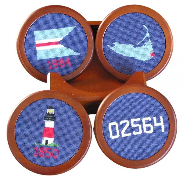 Set of four Needlepoint Coasters ‘Sconset star on the Nantucket map, ‘Sconset’s own ZIP code, the ‘Sconset Trust burgee, and the iconic Sankaty Head Lighthouse.
