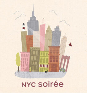 Drawing of a city scape with the title NYC Soiree